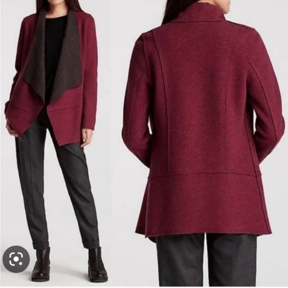 Eileen Fisher Burgundy/Gray Long Wool Moto Sweater Cardigan Jacket - Picture 3 of 7